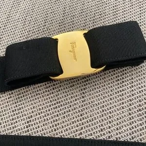 Authentic Salvatore Ferragamo Vera black and gold canvas belt Authentic Ferragamo Vara bow belt.Salvatore... | Depop main image 4